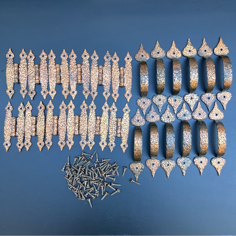 Vintage Copper Cabinet Hardware - 12 Hinges and Handles, 79 Screws